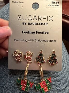 BaubleBar Holiday Santa & Tree Earring Set in Red, Green & Gold